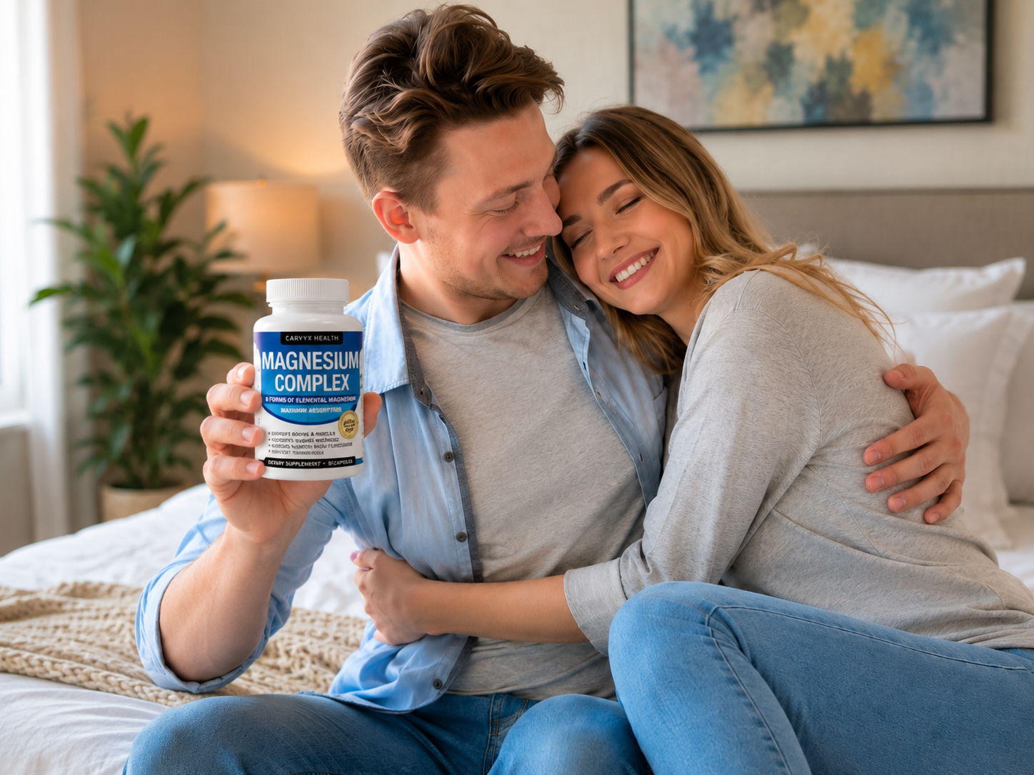 Happy couple enjoying a calm morning with Carvyx Health™ Complex supplement